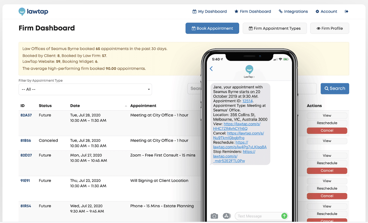 lawtap interface for scheduling software for law firms 