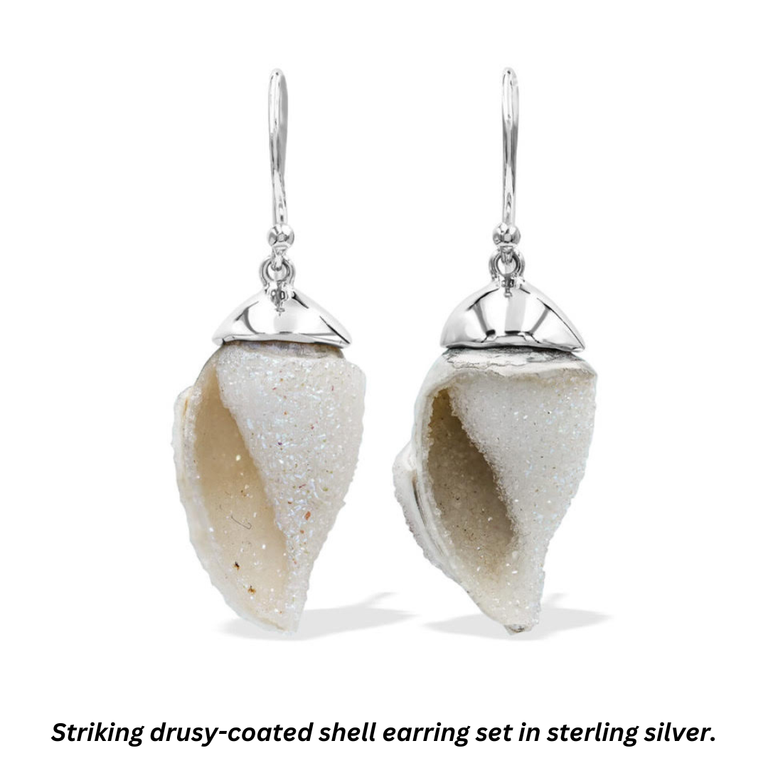 Striking drusy-coated shell earring set in sterling silver