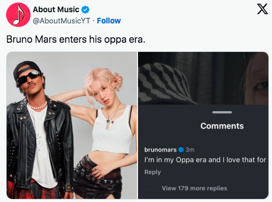 This contain an image of Bruno Mars on his oppa era with BLACK PINK  Rosé