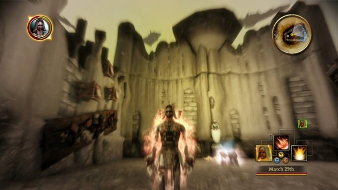 Tokoh utama Dragon Age: Origins dalam wujud Burning Man di dalam area Fade yang bagaikan mimpi.