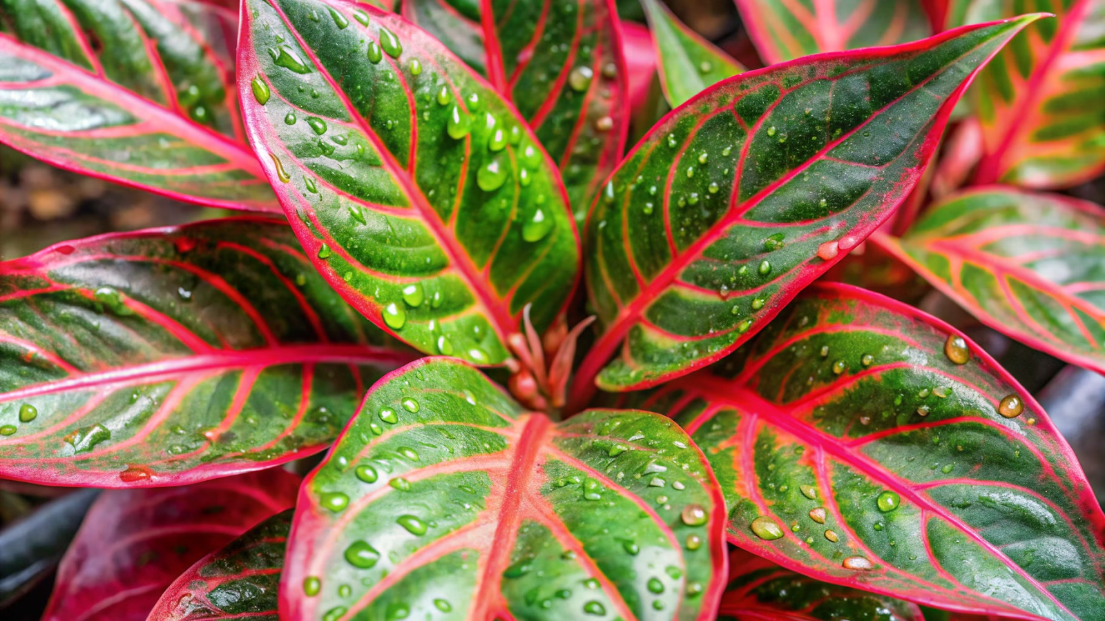 Folhas de Aglaonema Vermelha com padrões vermelhos e verdes detalhados.