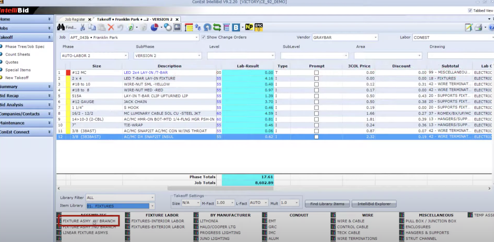 screenshot of Conest Intellibid for electrical contractor software