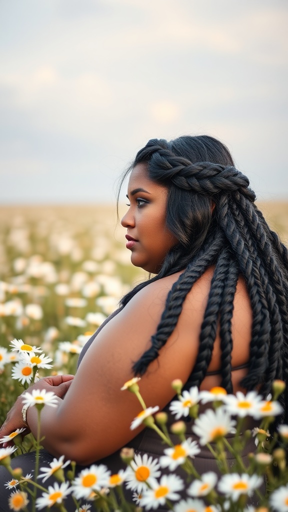 A woman with a braided crown hairstyle and loose waves sitting in a field of daisies.