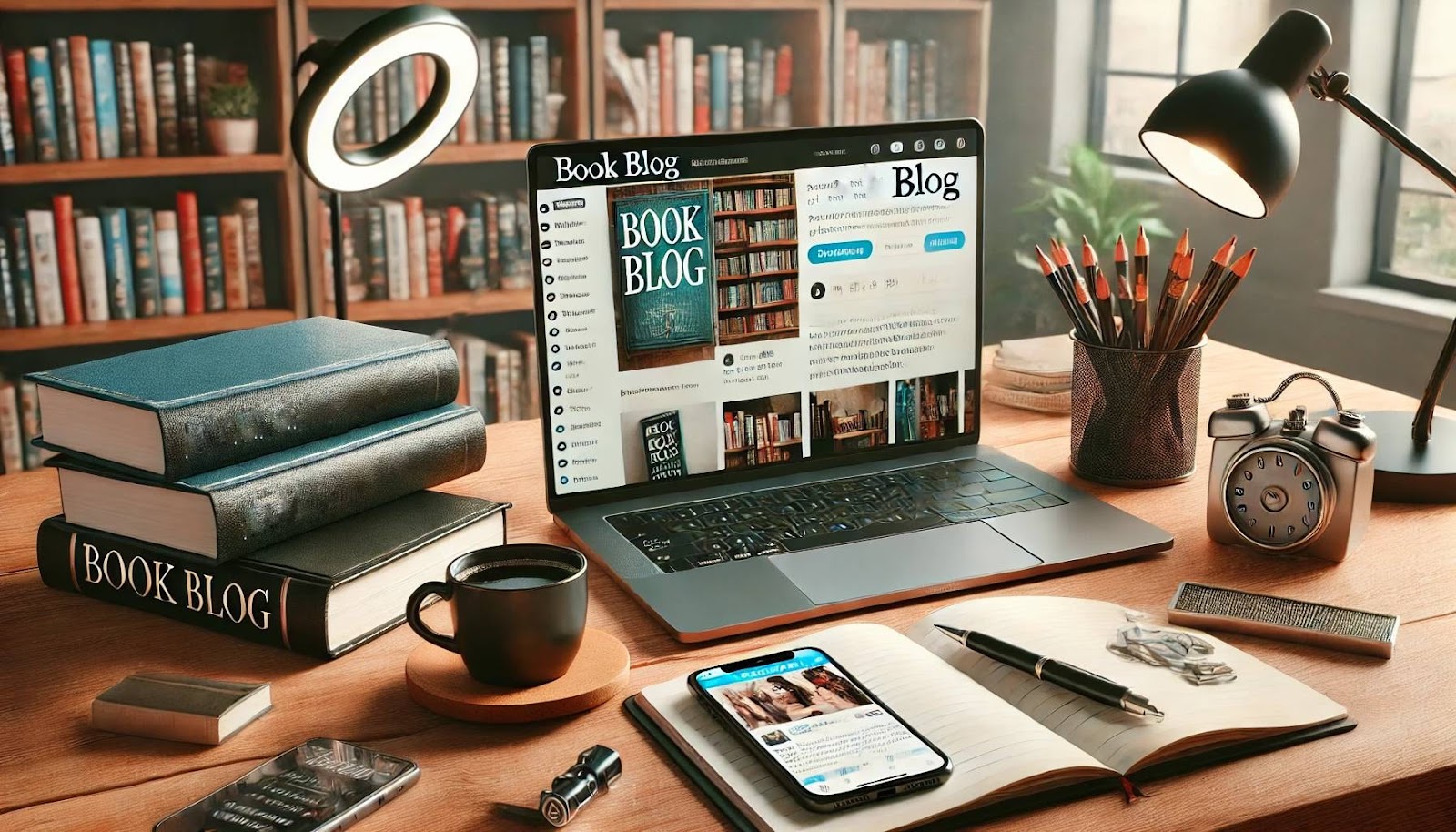 A cozy desk setup in a library with a laptop displaying a "Book Blog," stacked books, a coffee cup, an open notebook, a smartphone, and study lamps.