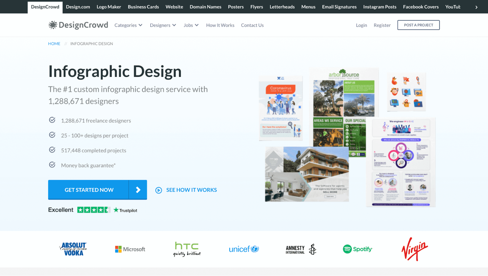 DesignCrowd''s infographic design website with various creative design options