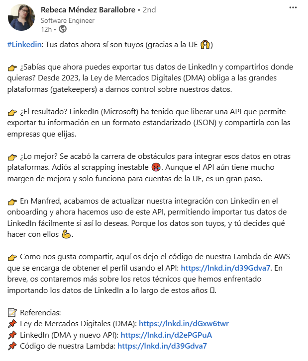 Captura de Linkedin sobre cómo hemos integrado la API de LinkedIn