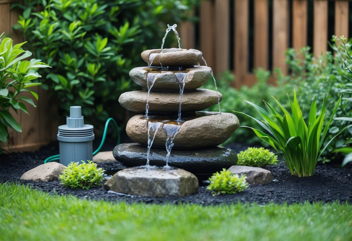 A small backyard with a DIY water feature made from stacked rocks, a recirculating pump, and lush greenery surrounding the area