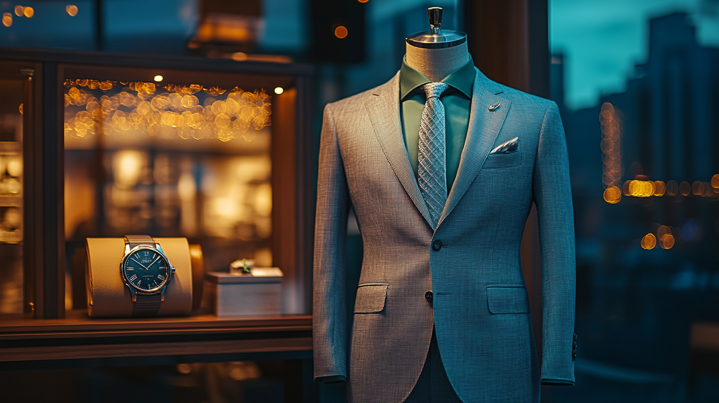 A mannequin in a light gray suit with a deep green shirt and a sleek silver tie, creating a modern and stylish contrast. The ensemble is completed with light brown dress shoes, a minimalist silver watch, and a clean folded pocket square. The background is a contemporary rooftop event space with city lights.