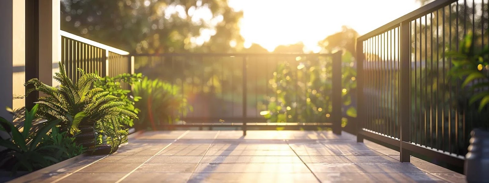 a stunning, sunlit patio showcases sleek aluminum picket railings, highlighting their elegant design and contemporary aesthetic against a backdrop of vibrant greenery.
