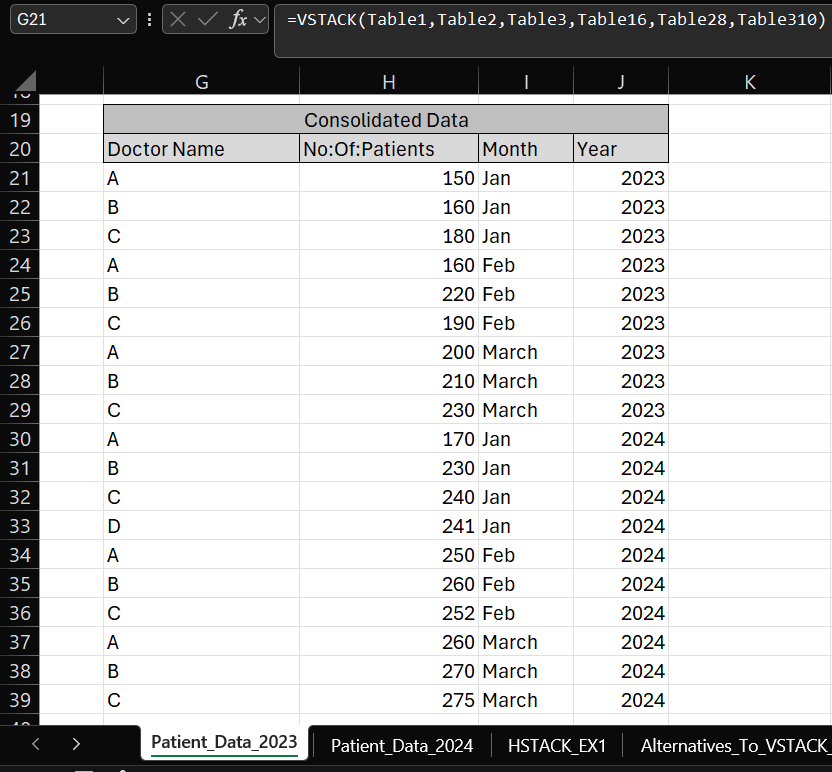 VSTACK in Excel