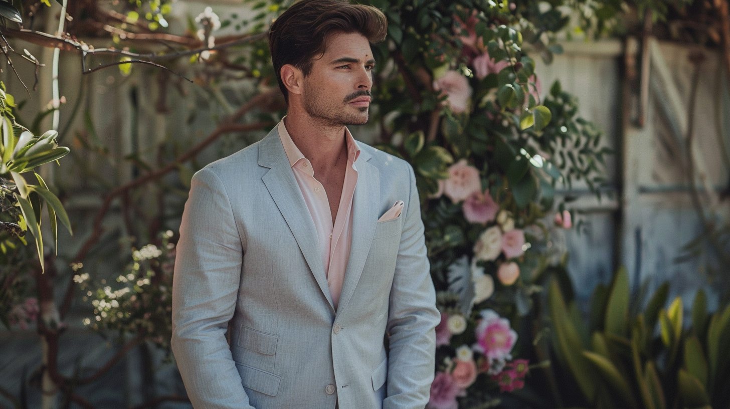 man in a light gray suit with pastel shirt, summer garden wedding setting, fresh and airy vibe, greenery and floral backdrop, elegant and relaxed
