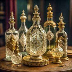 This may contain: an assortment of decorative glass bottles sitting on top of a wooden table next to each other