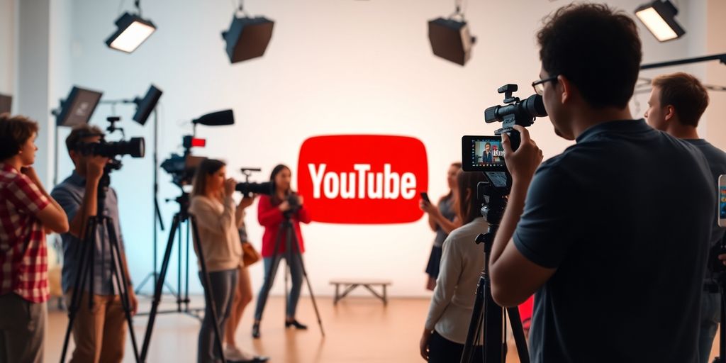 Diverse creators filming in a vibrant modern studio.