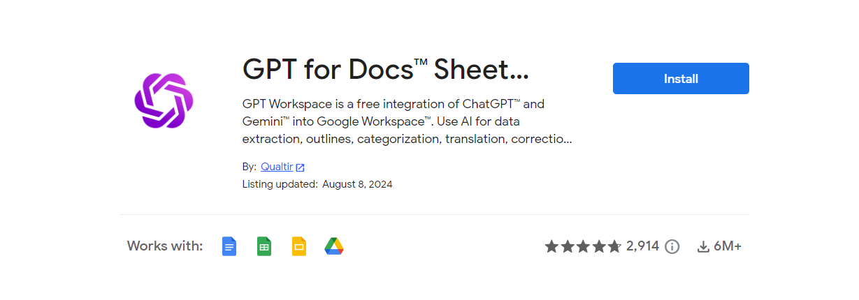 Sceenshot of GPT for Docs Sheets Slides by Qualtir extension