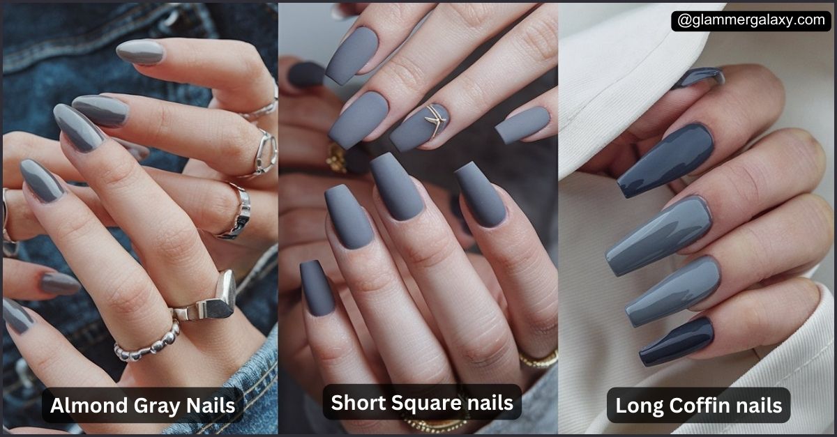 Three photos showcasing different nail shapes: almond gray, short square, long coffin nails.