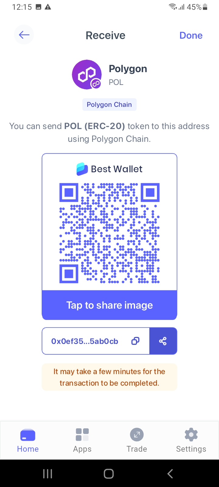 Receive Polygon via the Best Wallet app.