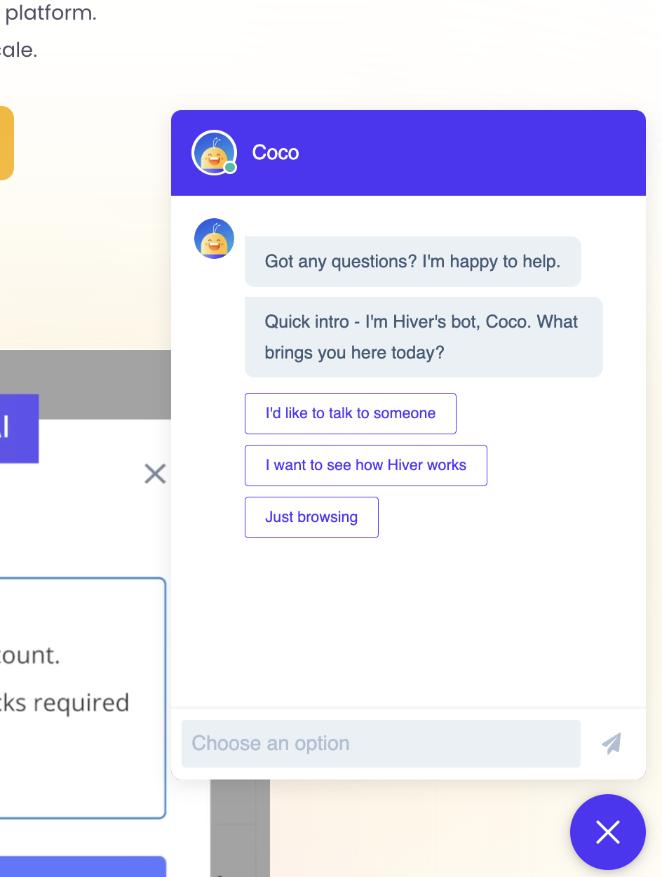 Live chat on Hiver’s website