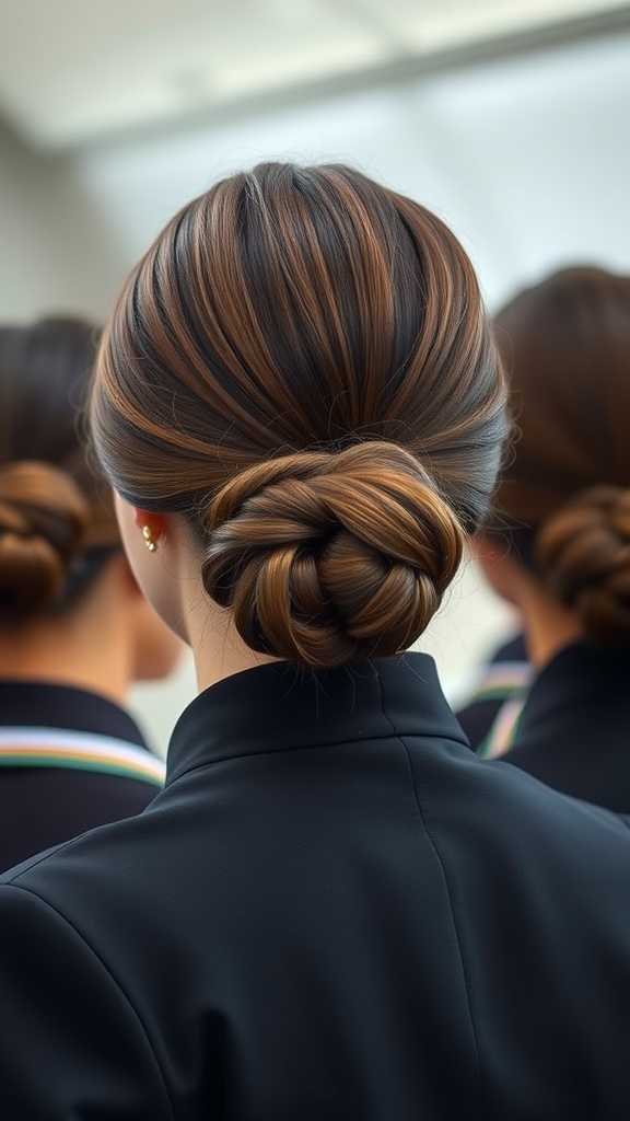 A low textured bun hairstyle worn by flight attendants, showcasing volume and elegance.