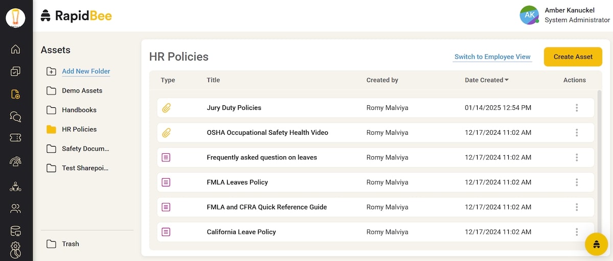 RapidBee's HR Policies feature