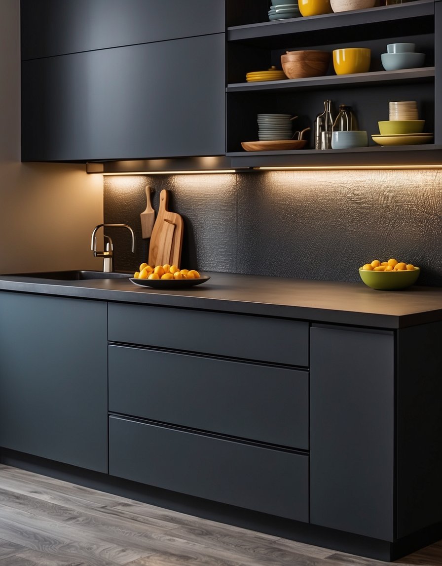 Dark gray cabinets stand against a backdrop of vibrant colors, creating a striking contrast. The cabinets are surrounded by bold, complementary hues, adding depth and visual interest to the kitchen space