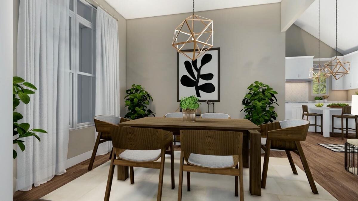 Dining area with round back chairs and a wooden dining table well-lit by a geometric chandelier.