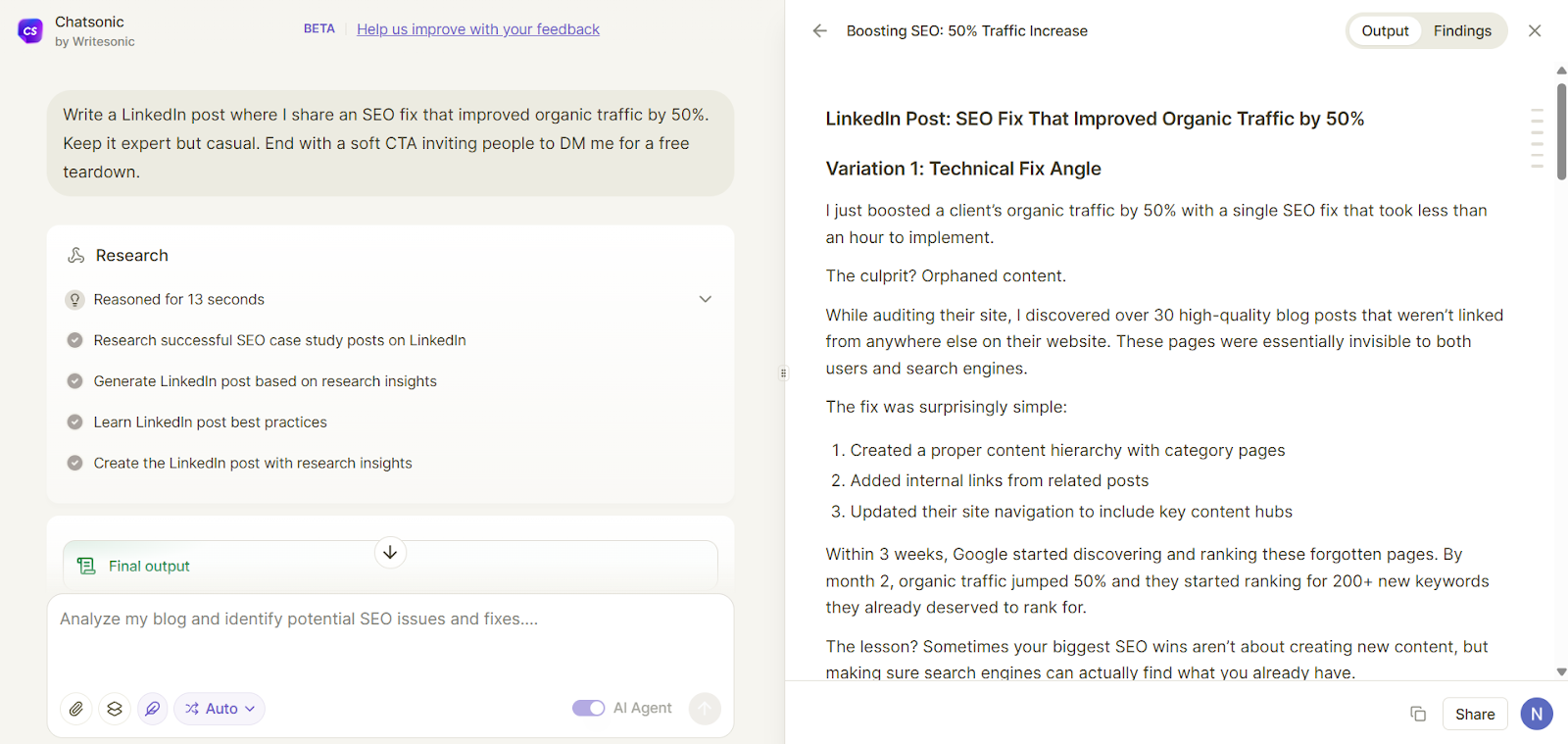 SEO AI Agent helps with writing LinkedIn posts that end in soft CTAs
