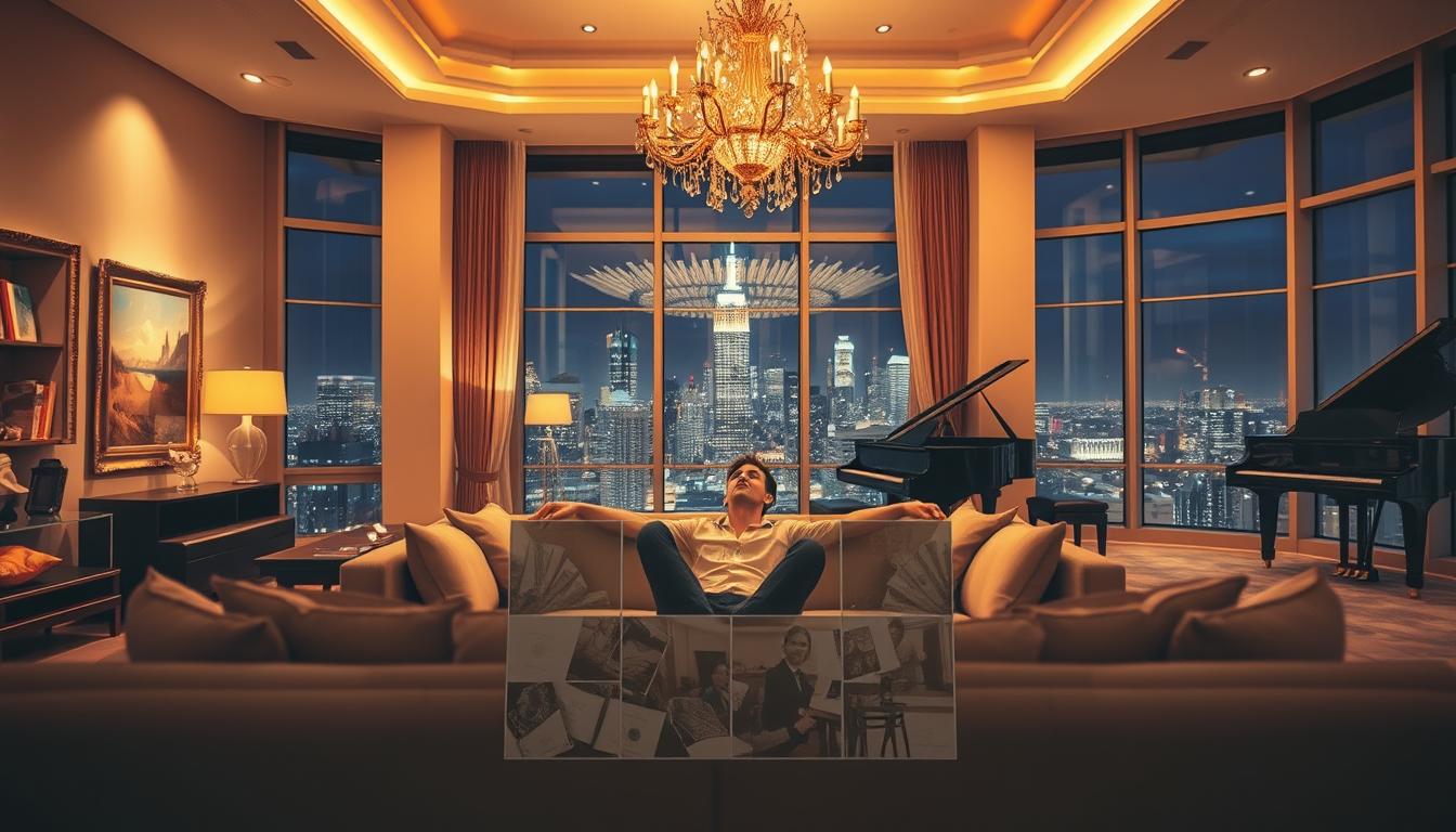 An image of a person sitting comfortably in a luxurious and spacious living room, looking content and relaxed. The room is adorned with large windows, revealing a breathtaking view of the city's skyline at night. The person is surrounded by lavish items such as a chandelier, expensive artwork, and a grand piano. In the foreground, add a vision board or a visualization tool that the person is using to manifest their wealth and abundance. Make sure to include warm lighting, rich colors, and textures that evoke a feeling of opulence and prosperity.