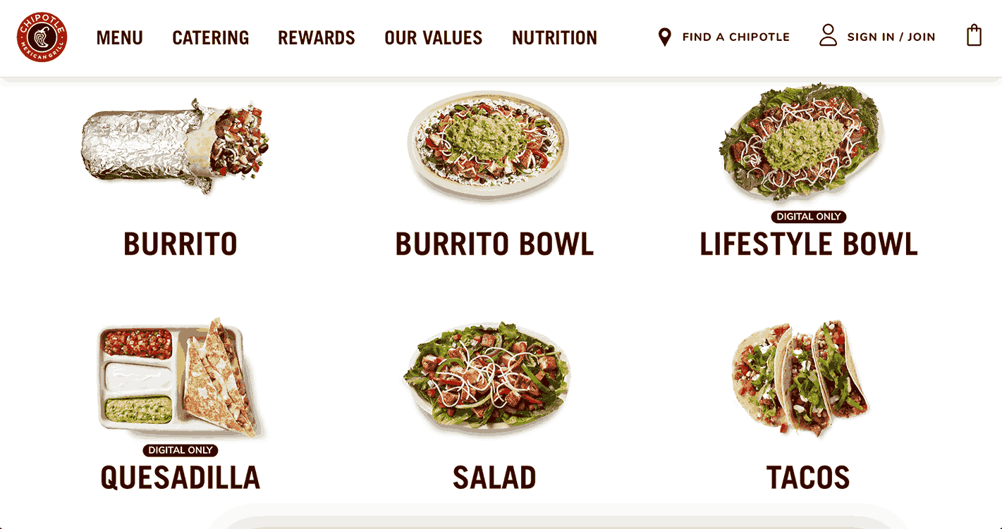 A screenshot of Chipotle homepage 