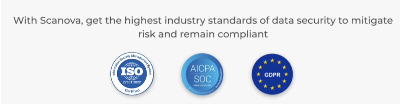 Scanova's robust security compliances include standards like GDPR, SOC2, and ISO 27001:2022