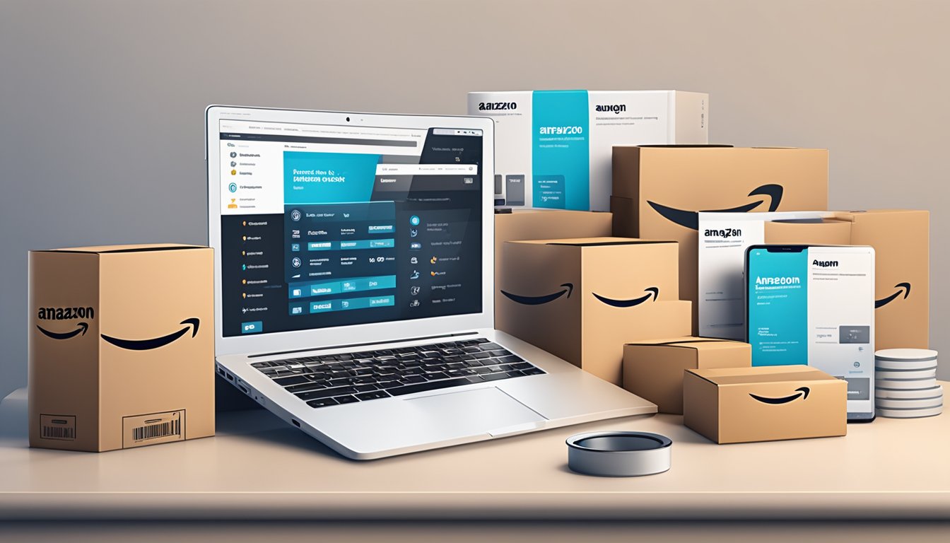 A laptop displaying Amazon's advertising dashboard with various ad options and targeting settings. A stack of product boxes with Amazon Prime logo in the background