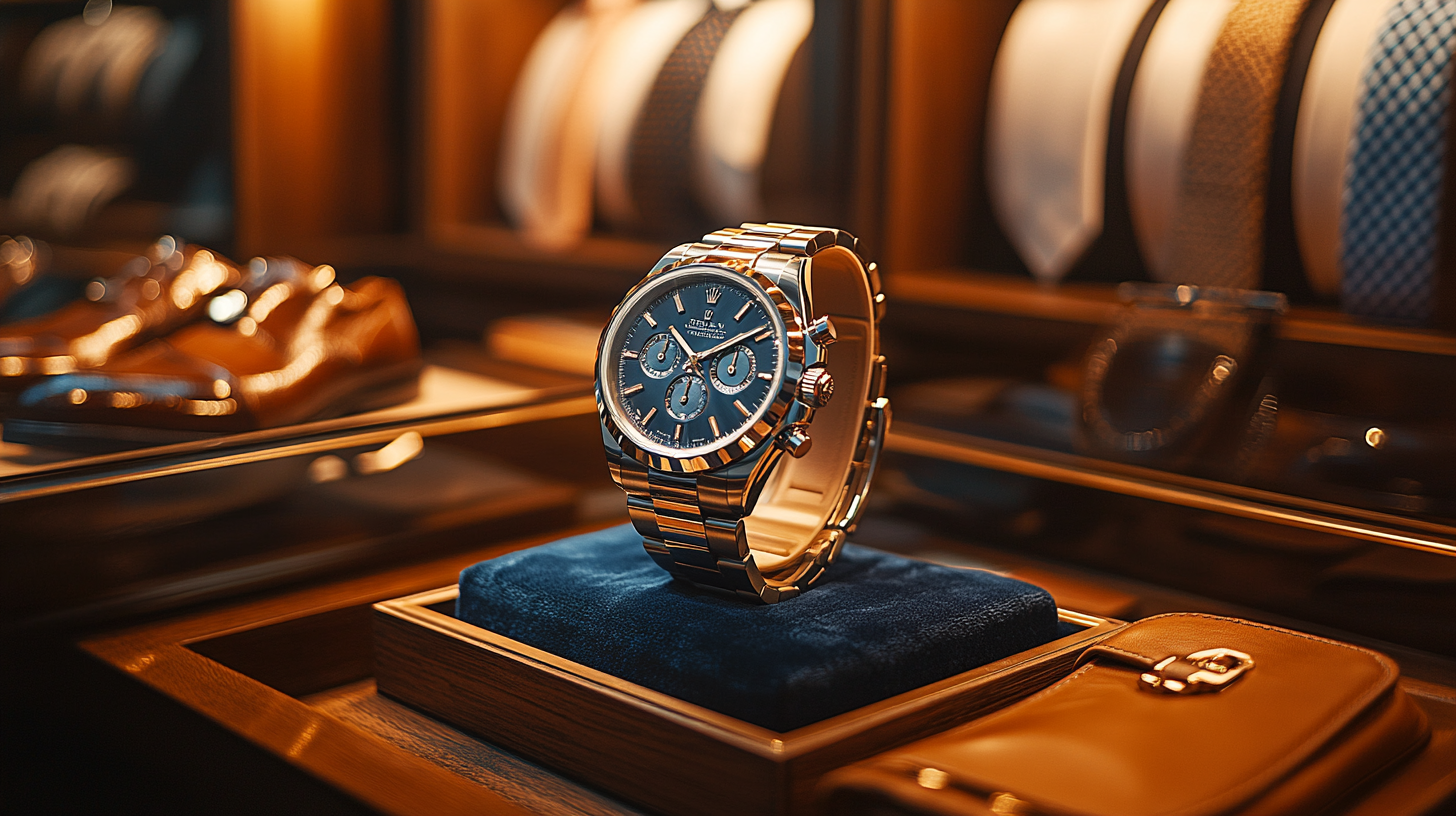 A premium wristwatch with a sleek metal band displayed on a velvet stand inside a refined men's closet. The background features leather wallets, polished shoes, and neatly arranged silk ties, creating a sophisticated setting. Soft lighting enhances the luxurious feel of the watch. Ultra-detailed, hyper-realistic, cinematic lighting, luxury men’s fashion photography, high-end wardrobe aesthetic.