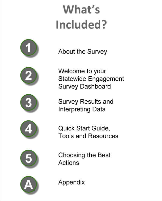 This image is a copy of the What's Included page of the Quick Start Guide. It lists 6 items: about the survey, Welcome to your Statewide Engagement Survey Dashboard, Survey Results and Interpreting Data, Quick Start Guide, Choosing the Best Actions, and Appendix,