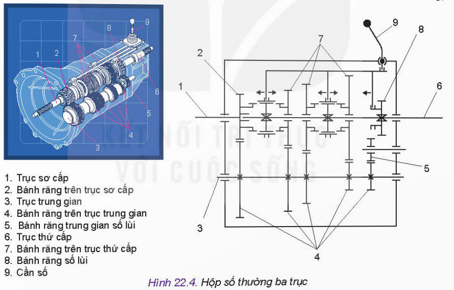 BÀI 22 - HỆ THỐNG TRUYỀN LỰCMỞ ĐẦUCH1: Em hãy quan sát Hình 22.1 và cho biết mô men chủ động từ động cơ có thể được truyền đến những bánh xe nào? Đáp án chuẩn:Mô men chủ động từ động cơ có thể truyền đến những bánh xe chủ động.I. CẤU TẠO HỆ THỐNG TRUYỀN LỰCCH1: Hãy quan sát Hình 22.2 và cho biết mômen chủ động từ động cơ được truyền đến các bánh xe sau thông qua những bộ phận nào. Tác động vào bộ phận nào để có thể ngắt mô men chủ động truyền đến bánh xe đó?Đáp án chuẩn:Thông qua: li hợp, hộp số, trục các đăng, truyền lực chính và bộ vi sai, bán trục. Tác động vào li hợp để ngắt mô men chủ động truyền đến bánh xe đó.CH2: Hãy đọc mục 1, quan sát Hình 22.3 và cho biết:Nhiệm vụ và các bộ phận chính của li hợp ô tô.Nguyên lí nào được sử dụng để nối và ngắt động cơ với hộp số?Hình dạng và vai trò của lò xo ép.Đáp án chuẩn:Nhiệm vụ: giúp xe khởi động nhẹ nhàng.Bộ phận chính: trục khuỷu, bánh đà, đĩa li hợp, vỏ li hợp, bạc đạn nhả, càng nhả li hợpNguyên lí: Khi ly hợp hoạt động, động cơ sẽ kết nối với hộp số, công suất truyền từ động cơ đến bánh sau. Khi ly hợp ngắt, động cơ ngắt khỏi hộp số. Lò xo ép có dạng xoắn thẳng, dùng để ép đĩa ma sát vào với bánh đà.CH3: Hãy kể tên các chi tiết chính của li hợp. Chi tiết nào trực tiếp chịu lực ma sát?Đáp án chuẩn:Chi tiết chính: đĩa ma sát, đĩa ép, lò xo ép, trục li hợpĐĩa ma sát chịu lực ma sát.CH4: Hãy cho biết:Nhiệm vụ, cấu tạo và nguyên lí hoạt động của hộp số thường.Hộp số tự động có đặc điểm gì giống và khác hộp số điều khiển cưỡng bức.Đáp án chuẩn:Hộp số thường:Nhiệm vụ: Nối hoặc ngắt dòng truyền mô men chủ động, thay đổi tỉ số truyền, đổi chiều mô men.Cấu tạo: trục sơ cấp, bánh răng trên trục sơ cấp, trục trung gian, bánh răng trên trục trung gian, bánh răng trung gian số lùi, trục thứ cấp, bánh răng trên trục thứ cấp, bánh răng số lùi, ần sốNguyên lí: Khi động cơ đang hoạt động, li hợp mở → dịch chuyển cần số để nối trục thứ cấp với bánh răng, mô men chủ động truyền đến trục thứ cấp. Khi dịch chuyển cần số đến vị trí lùi, bánh răng trung gian số lùi ăn khớp với bánh răng, trục thứ cấp quay ngược chiều với trục sơ cấp.Hộp số tự động so với hộp số thường cùng có cần số, nhưng việc chuyển số do bộ điều khiển điện tử quyết định.CH5: Hãy quan sát Hình 22.4 và so sánh tỉ số truyền của hộp số ở hai vị trí: khi bánh răng (7) ở bên trái và khi bánh răng (7) ở giữa được nối với trục thứ cấp.Đáp án chuẩn:Tỉ số truyền là khác nhau,CH6: Hãy đọc mục 3 và cho biết chức năng của truyền lực chính và bộ vi sai. Hãy quan sát Hình 22.6 và cho biết các chi tiết chính của truyền lực chính và bộ vi saiĐáp án chuẩn:Truyền lực chính: tiếp nhận và biến đổi độ lớn, đổi phương quay mô men.Bộ vi sai: phân chia mô men chủ động đến các bánh xe chủ động.Các chi tiết chính: bánh răng chủ động, bánh răng bị động, bánh răng bán trục, bánh răng hành tinh, bán trụcCH7: Quan sát Hình 22.6 và cho biết chi tiết nào quyết định tỉ số truyền của truyền lực chính.Đáp án chuẩn:Chi tiết quyết định: bánh răng chủ động và bánh răng bị động.II. SỬ DỤNG VÀ BẢO DƯỠNG