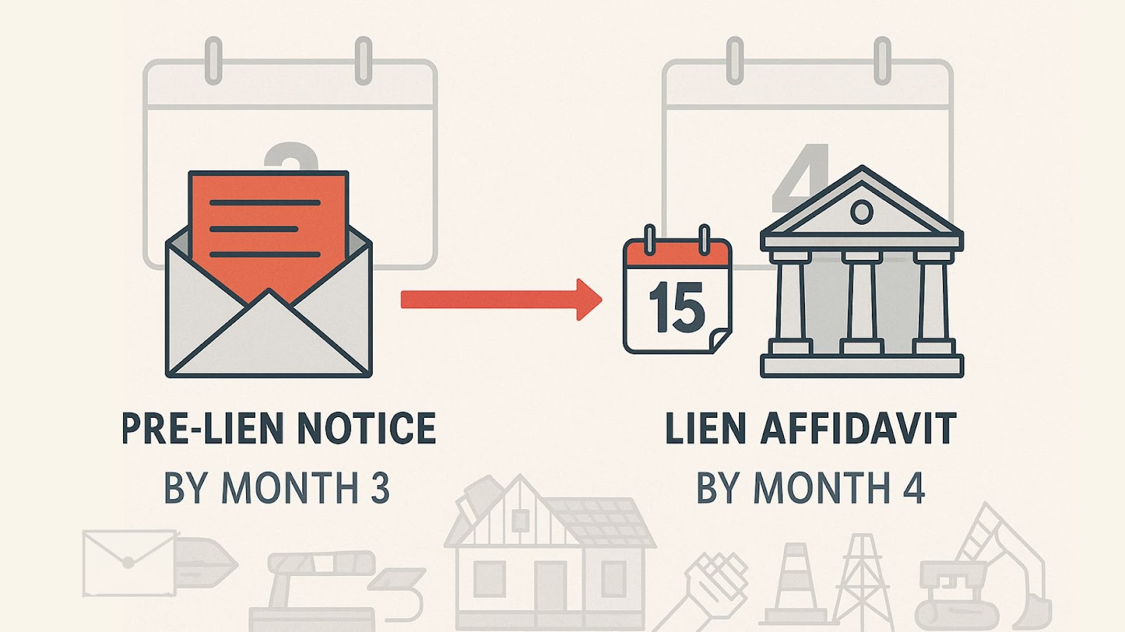 Visual timeline showing key deadlines for how to file a mechanic's lien in Texas.