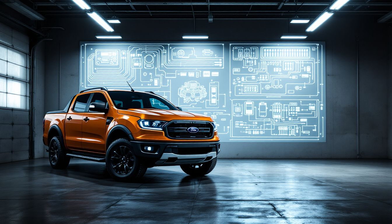 A Ford Ranger parked with Carly OBD device in focus.