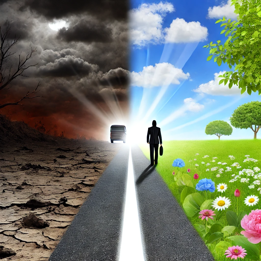 A person walking forward on a path that starts in darkness and gradually transitions into light, symbolizing the journey from pain to fulfillment. The left side of the image shows a barren, rocky landscape with dark clouds, representing struggle and hardship, while the right side transforms into a vibrant, flourishing environment with bright sunlight, blooming flowers, and green trees, symbolizing hope, growth, and fulfillment. The person's posture is upright and determined, moving toward the light with a sense of purpose.