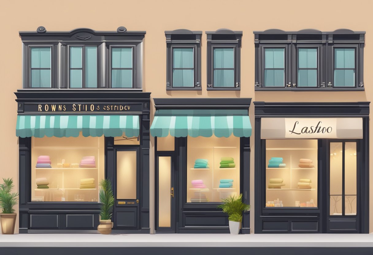 A row of storefronts with signs displaying lash studio names and prices. Windows show interior decor and price lists