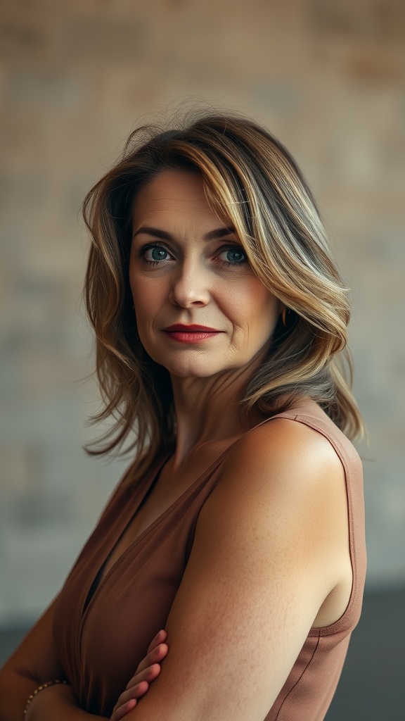 Woman with soft side-swept hair, showing elegance and style.