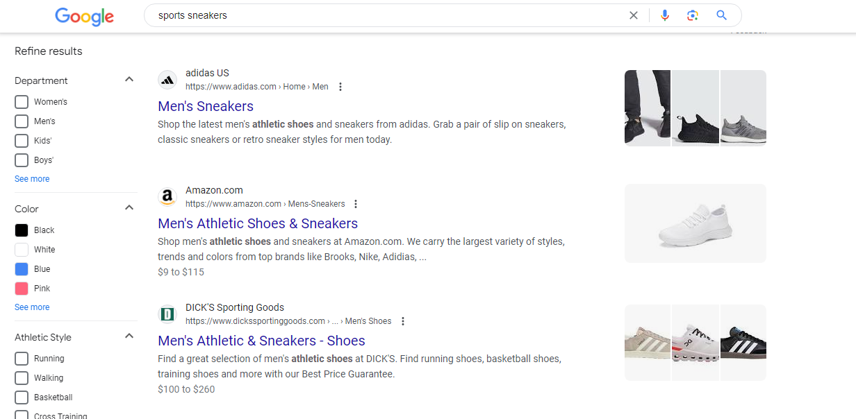 E-commerce Business: Sports sneakers Google SERP