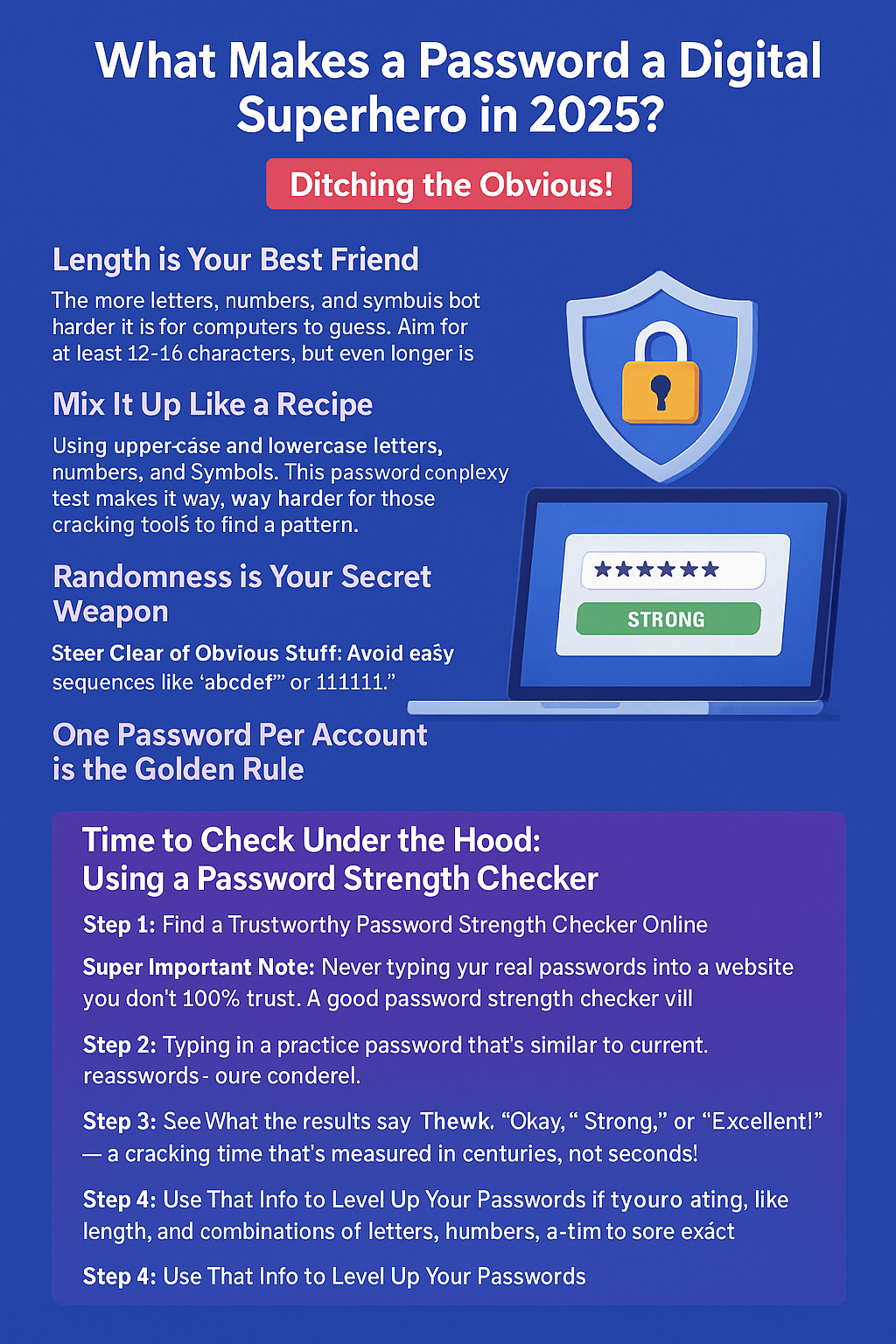 Okay, so what does a truly strong password look like in 2025? It's not just about making it super long, although that definitely helps a lot. Here are some key things that what makes a password strong:
Length is Your Best Friend: The more letters, numbers, and symbols you have, the harder it is for computers to guess. Aim for at least 12-16 characters, but even longer is even better! Think of it like adding more layers of security to your digital vault.
Mix It Up Like a Recipe: A strong password uses a good mix of uppercase letters (A-Z), lowercase letters (a-z), numbers (0-9), and those quirky symbols like !@#$%^&*. This password complexity test makes it way, way harder for those cracking tools to find a pattern.
Randomness is Your Secret Weapon: Don't use anything that someone who knows you might guess, like your birthday, your street name, or your favorite color. A truly strong password will look like a jumbled mess of characters – that's actually a really good sign!
Steer Clear of Obvious Stuff: Avoid easy sequences like "abcdef" or "111111." Hackers know these like the back of their hand!
One Password Per Account is the Golden Rule: Using the same password for different websites is like having one key that opens every single door in your house. If a bad guy gets that one key, they're in everywhere. Make sure each website and app has its own unique, super strong password.
Time to Check Under the Hood: Using a Password Strength Checker
Alright, so we know what makes a strong password, but how do we know if my password is strong right now? Thankfully, there are some really handy tools online that can help us test our password and give us a good idea of its password strength. These are usually called password strength checkers or password evaluation tools.
Think of a password strength checker as your personal digital security expert who takes a look at your password and tells you how likely it is that someone could crack it. They use some clever math behind the scenes, sometimes even based on something called a password entropy calculator, to figure out roughly how long it would take a super-fast computer to guess your password.
Here's a simple step-by-step guide on how to use a password strength checker:
Step 1: Find a Trustworthy Password Strength Checker Online
There are lots of free password strength test websites out there. Look for ones from companies that you know and trust in the cybersecurity world, or even from well-known password manager companies. Be a little cautious about random websites that ask you to type in your password – stick with the big, reputable names!
Super Important Note: Never, ever type your actual, real passwords into a website you don't 100% trust. A good password strength checker will look at the kind of password you type in (how long it is, what kinds of characters it uses, etc.) without actually seeing or saving your exact password. Some of these tools will even show you how many years or even thousands of years it would take a computer to crack a really strong password.

Step 2: Type in a Practice Password (or One You're Thinking Of Using)
Instead of typing in your current, real passwords, try typing in a practice password that's similar to the ones you use, or a new password you're thinking about creating. This way, you can test your password without any risk to your actual accounts.
Step 3: See What the Results Say
The password strength checker will usually give you a rating, like "Weak," "Okay," "Strong," or even "Excellent!" It might also tell you roughly how long it would take a computer to crack that password. You really want to aim for a rating of "Strong" or "Excellent!" and a cracking time that's measured in centuries, not seconds!
Some of the best password strength checker 2025 tools might even give you specific tips on how to make your password even better, like suggesting you add more symbols or make it a little longer.
Step 4: Use That Info to Level Up Your Passwords
If your practice password comes back as weak, don't worry! Just use the advice the password evaluation tool gives you to try making a better one. Play around with different lengths and combinations of letters, numbers, and symbols until you get a good, strong rating.
