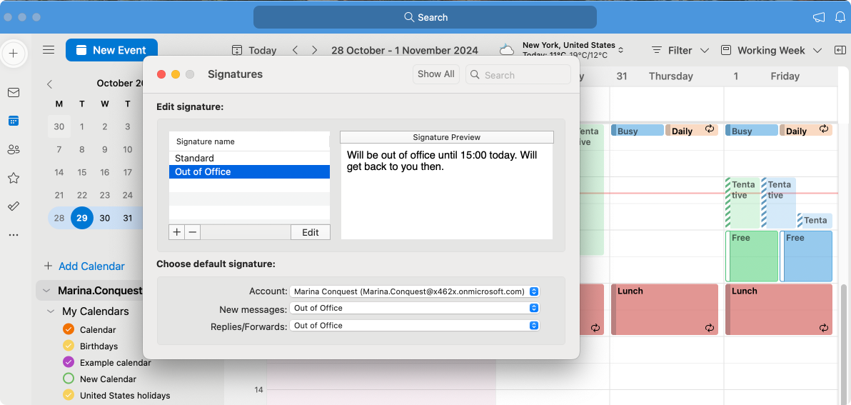 Pic. 14. Choosing a default signature in Outlook for Mac.