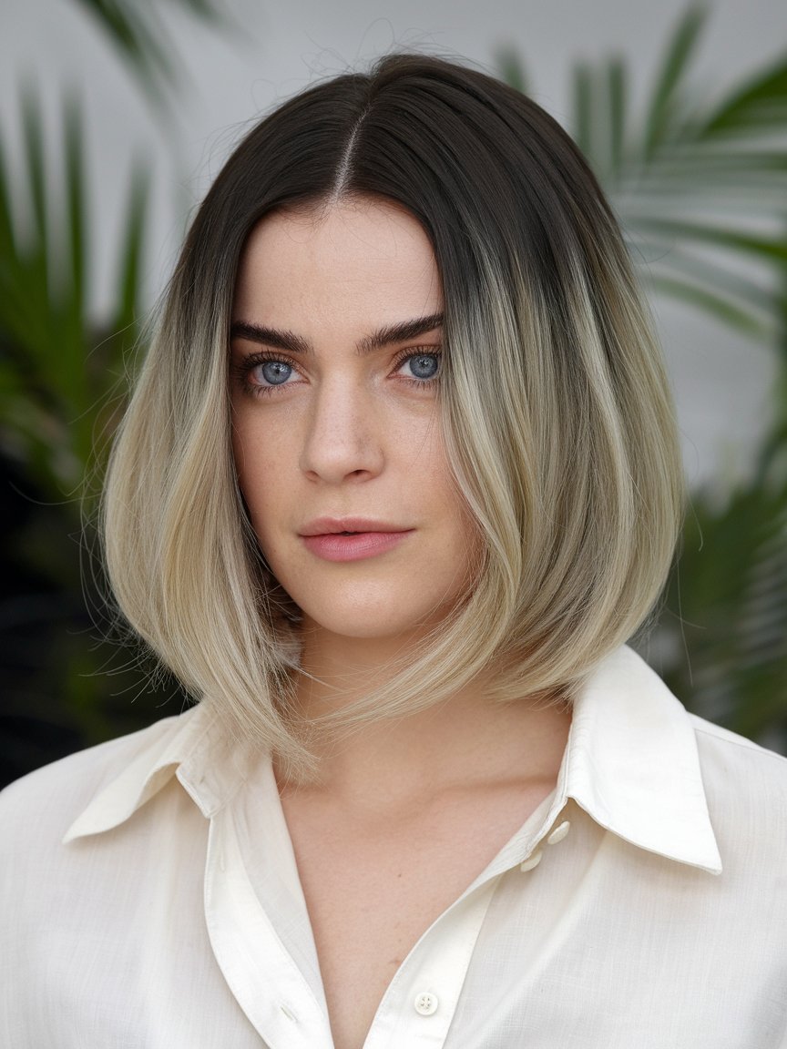 8. Blunt Blonde Bob With Dark Roots