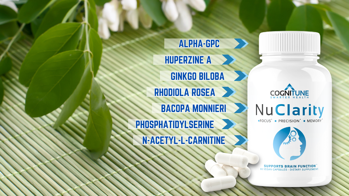 CogniTune NuClarity supplement featuring Alpha-GPC, Bacopa, and Rhodiola