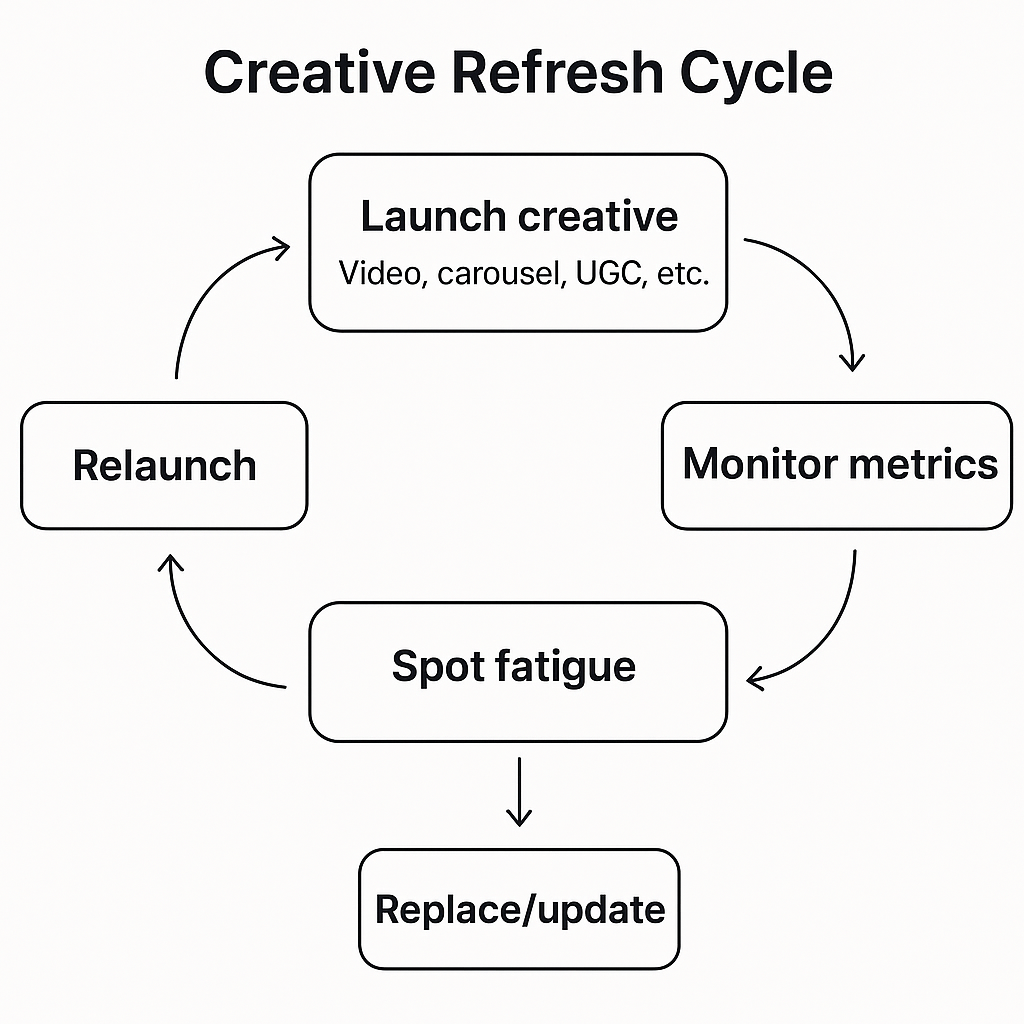 Flowchart showing the creative refresh cycle: Launch creative (video, carousel, UGC), monitor metrics, spot fatigue, replace/update, and relaunch
