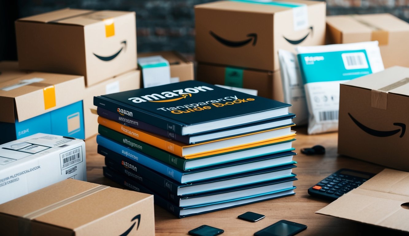 A stack of Amazon transparency guidebooks surrounded by various packaging materials and shipping boxes