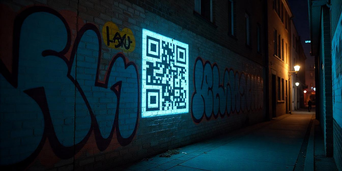 An illuminated QR Code sign in an alleyway.