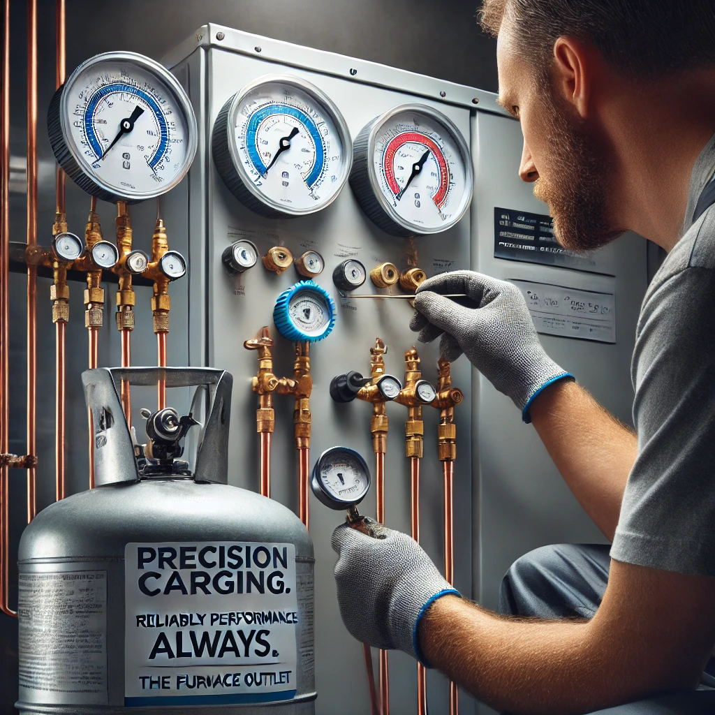 HVAC technician charging refrigerant lines with digital tools and nitrogen tank during system install.