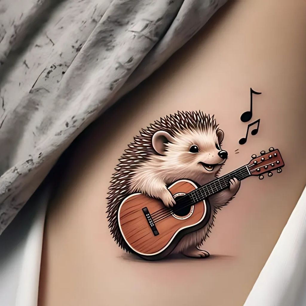 Hedgehog Playing a Musical Instrument Tattoo
