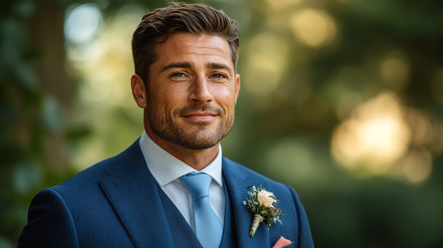 
A groom wearing a tailored navy blue wedding suit, styled with a bold tie in red or light blue, making a confident statement. The vibrant tie contrasts elegantly with the deep navy fabric, adding personality without overpowering the look. The suit features sharp lapels, a modern slim fit, and a crisp dress shirt, creating a polished and refined appearance. The groom adjusts his tie or jacket, highlighting the stylish details. The softly blurred background suggests a luxurious wedding venue with warm ambient lighting. Photorealistic, ultra-HD, cinematic lighting