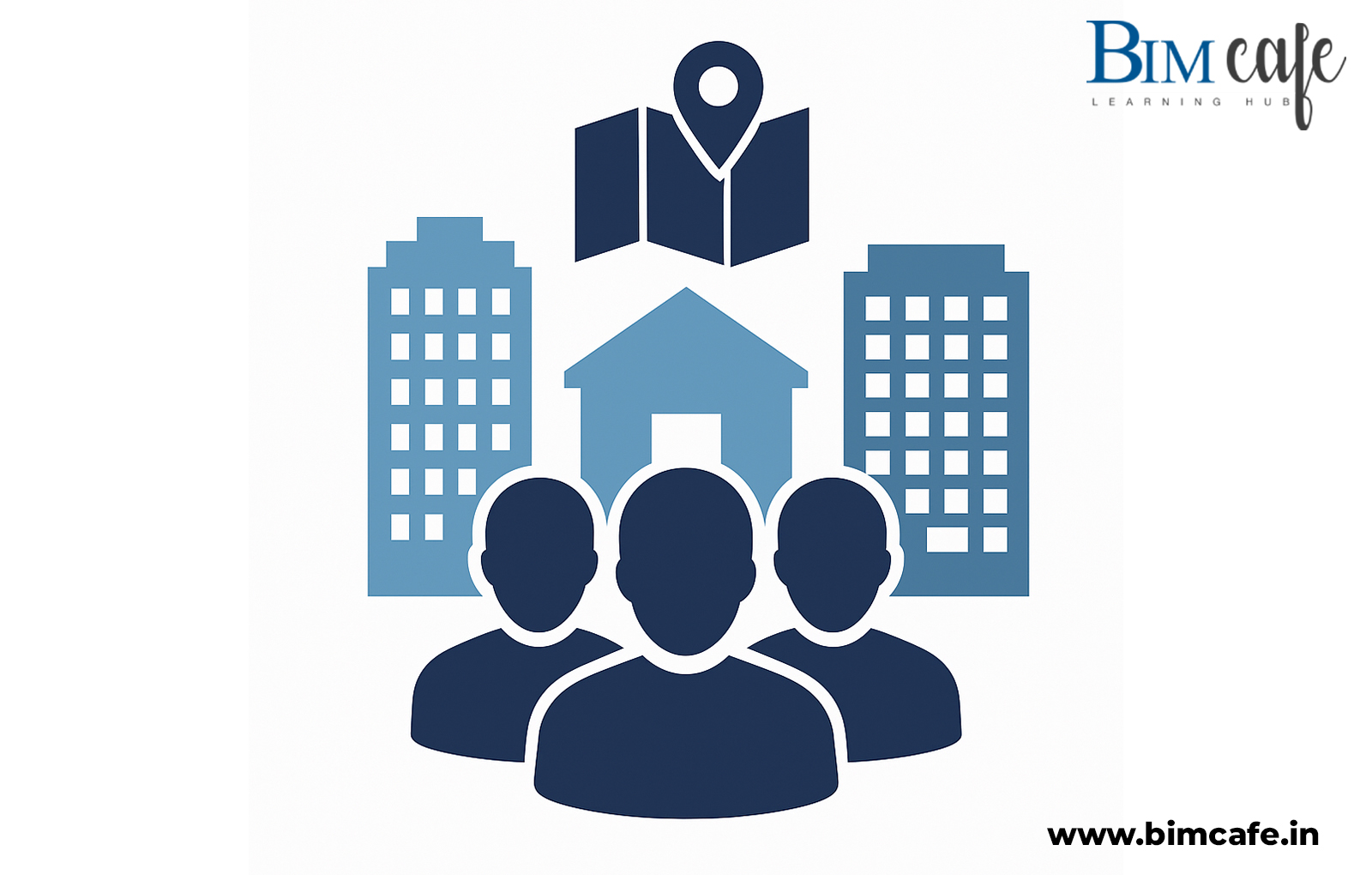 Illustration representing a group of people in front of buildings and a map with a location pin, symbolizing company locations and workforce. BIM Cafe Learning Hub logo in the top-right corner.